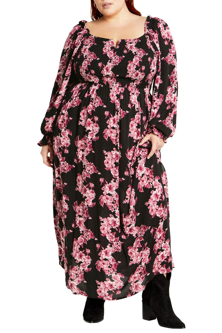 Calla Print Long Sleeve Maxi Dress, Main, color, BLACK/ PINK FLORAL