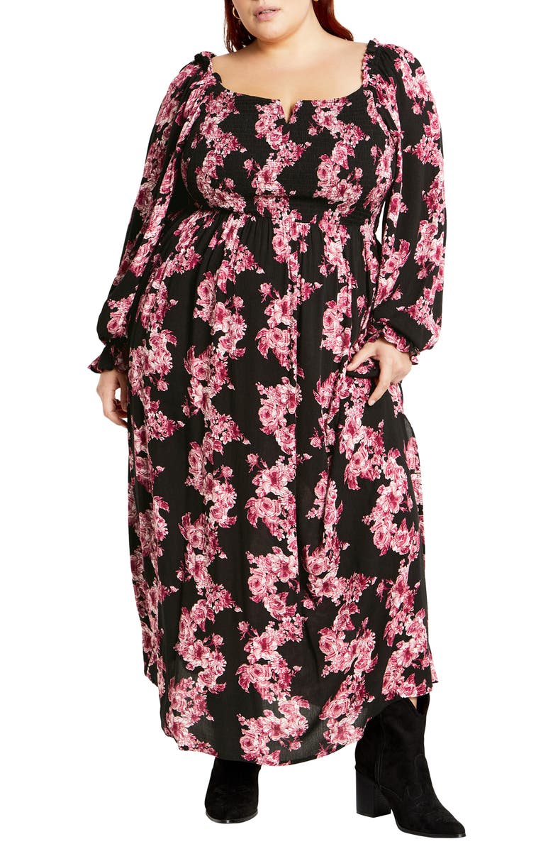 City Chic Calla Print Long Sleeve Maxi Dress, Main, color, Black/ Pink Floral