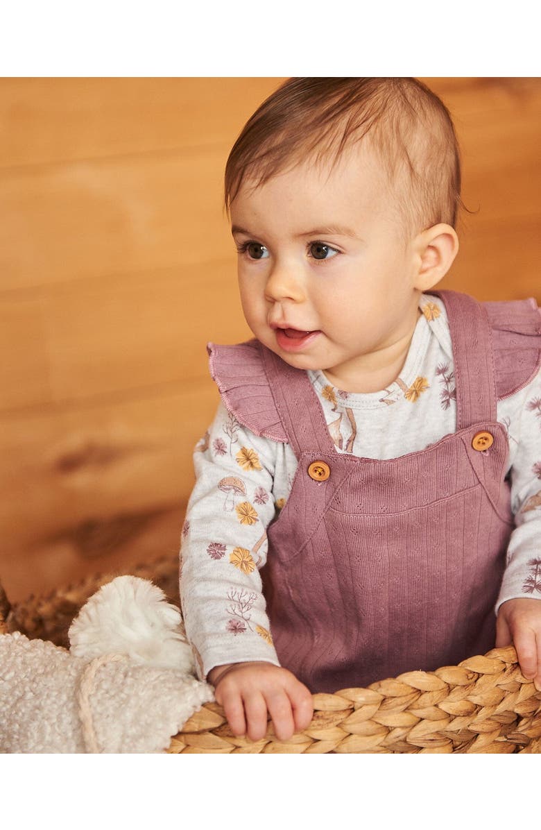Deux par Deux Baby Girl's Printed Organic Cotton Bodysuit And Pointelle Overall Set Woodrose, Alternate, color, 