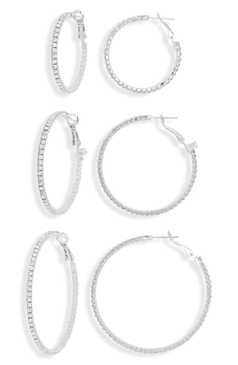 Tasha 3-Pack Pavé Crystal Hoop Earrings, Main, color, Silver/ Crystal