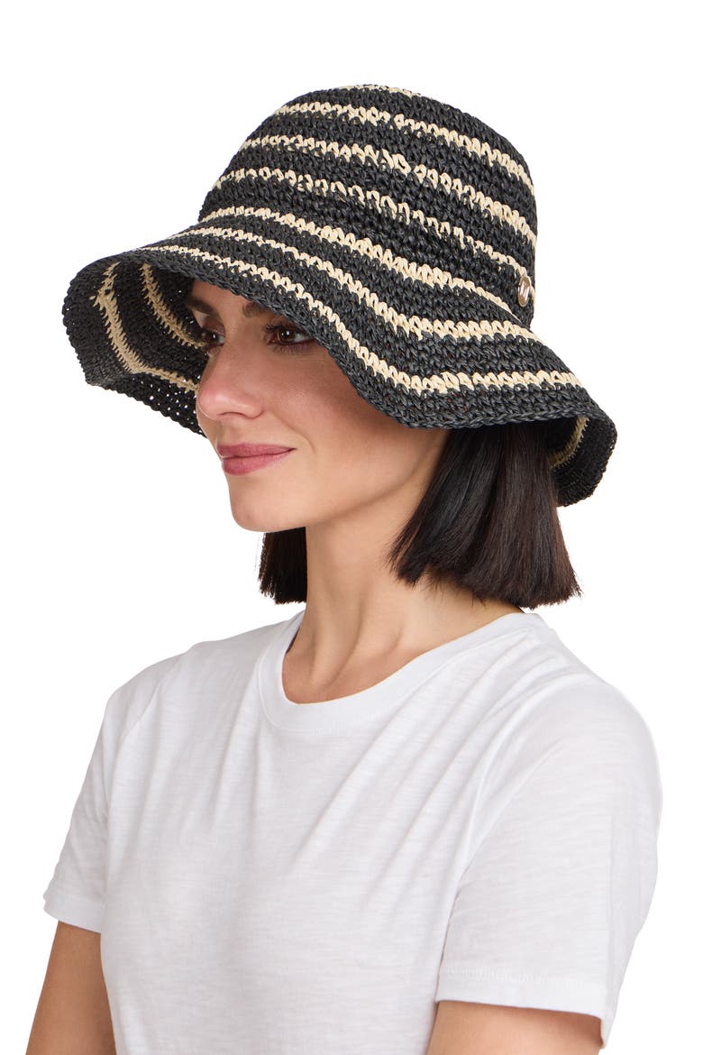 Stripe Crochet Straw Bucket Hat, Alternate, color, BLACK