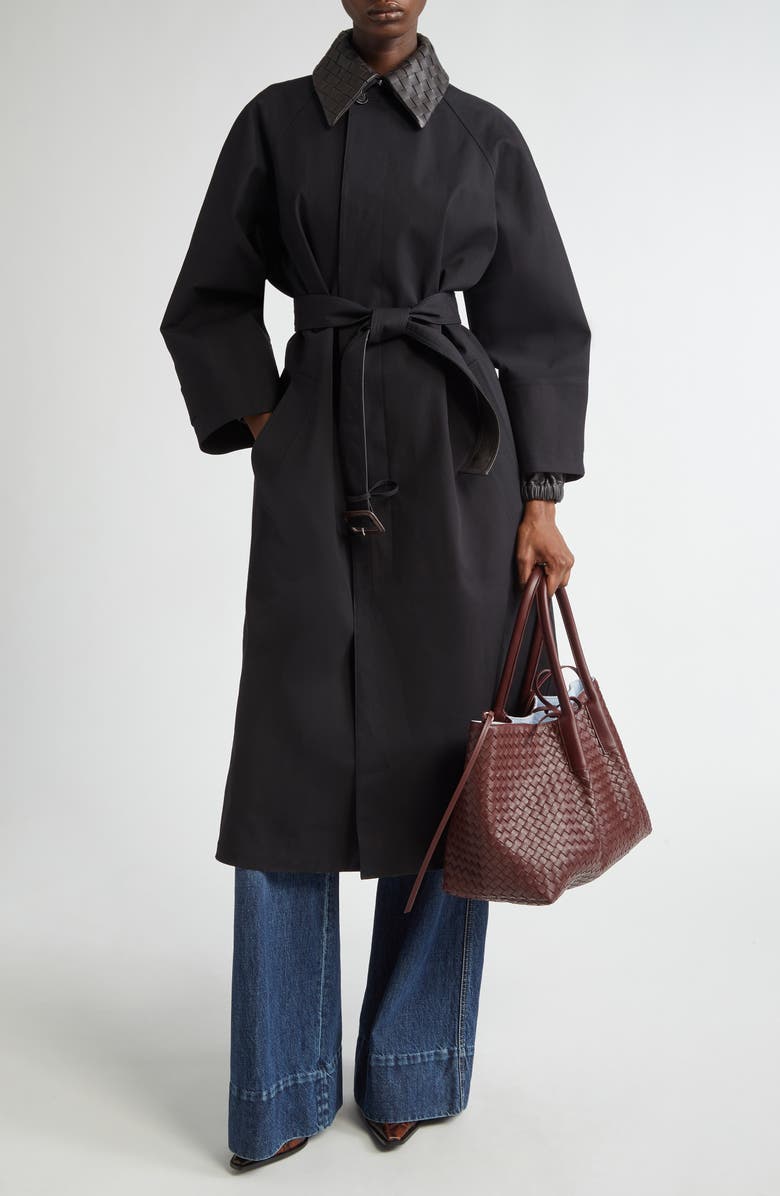 Bottega Veneta Intrecciato Leather Collar Water Repellent Trench Coat, Alternate, color, 