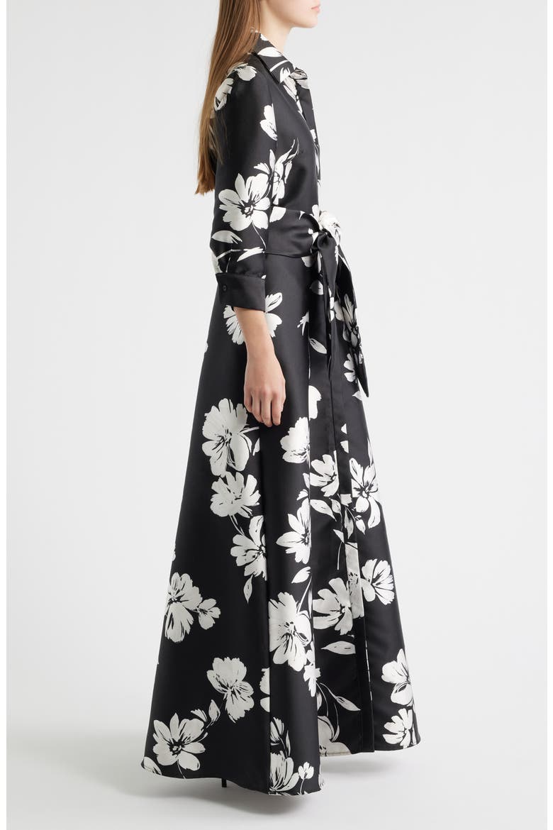 Floral Shirtdress Gown, Alternate, color, BLACK WHITE