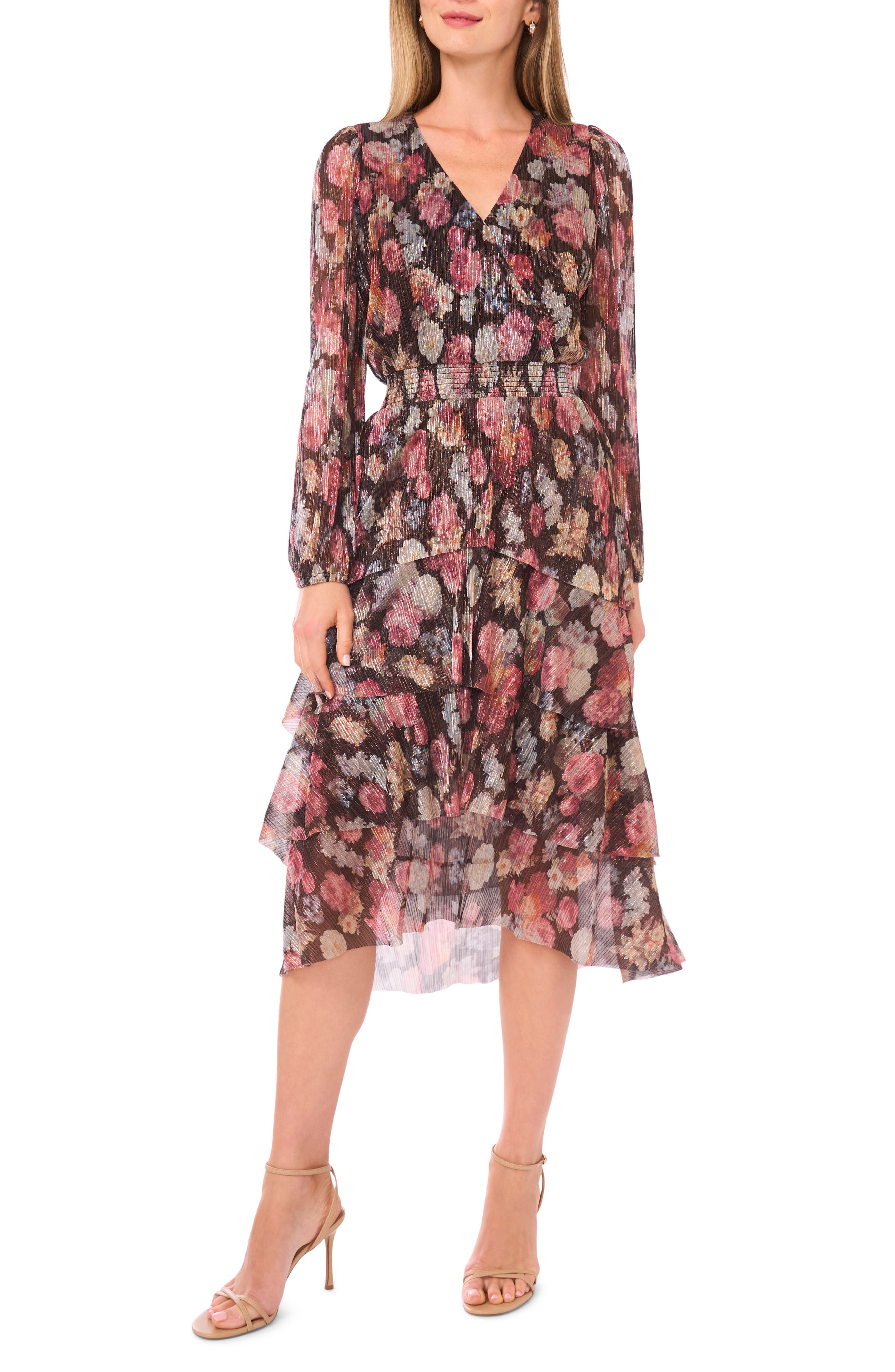 Vince Camuto Metallic Floral Long Sleeve Plissé Midi Dress