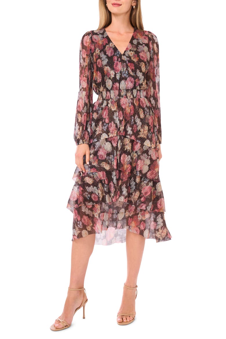 Metallic Floral Long Sleeve Plissé Midi Dress, Main, color, RICH BLACK