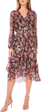 Vince Camuto Metallic Floral Long Sleeve Plissé Midi Dress
