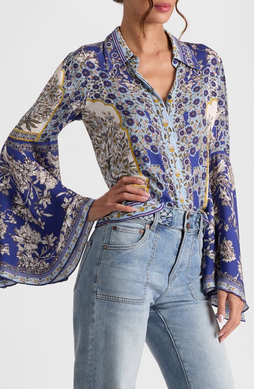 Alice And Olivia Willa Forevermore Fitted Bell-sleeve Placket Top In Blue