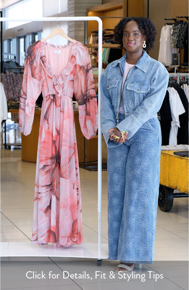 Metallic Floral Print Long Sleeve Maxi Dress, sales video thumbnail
