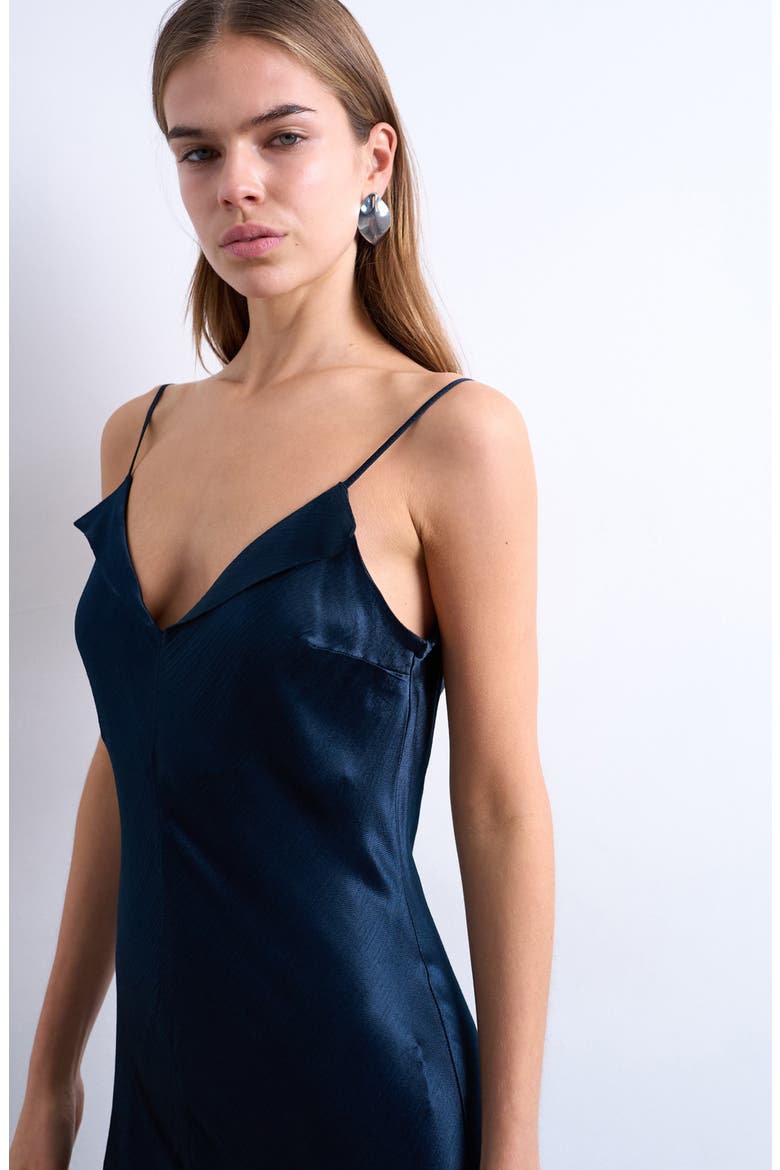 Folded Neck Satin Slip Maxi Dress, Alternate, color, NAVY