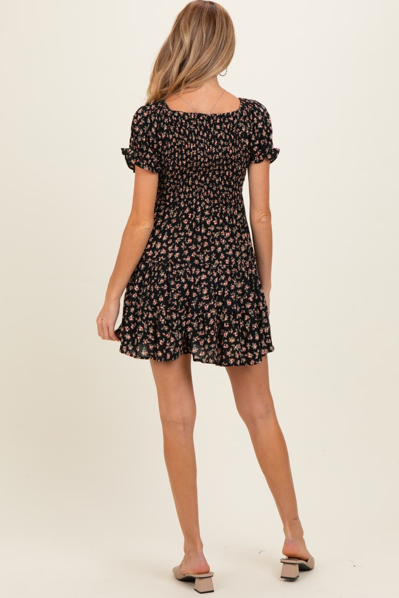 Floral Smocked V-Neck Puff Sleeve Dress, Alternate, color, Black