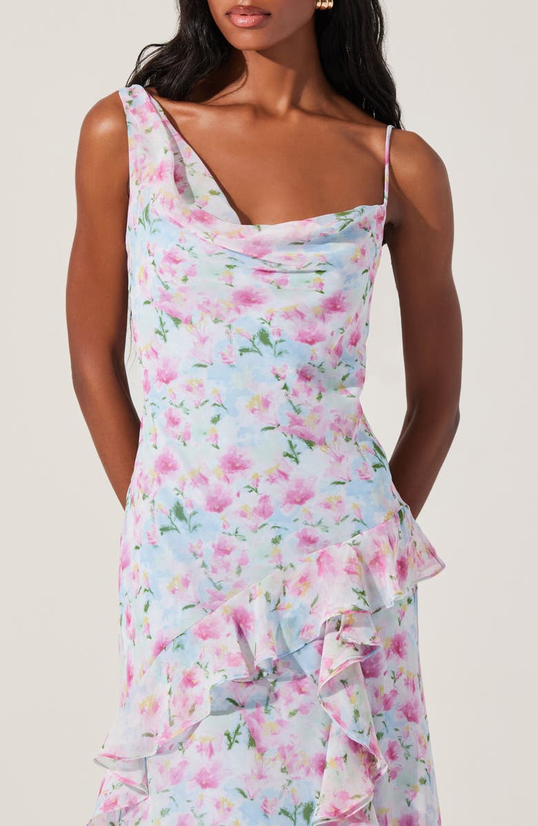 ASTR the Label Levina Asymmetric Ruffle Chiffon Maxi Dress, Alternate, color, Blue Floral