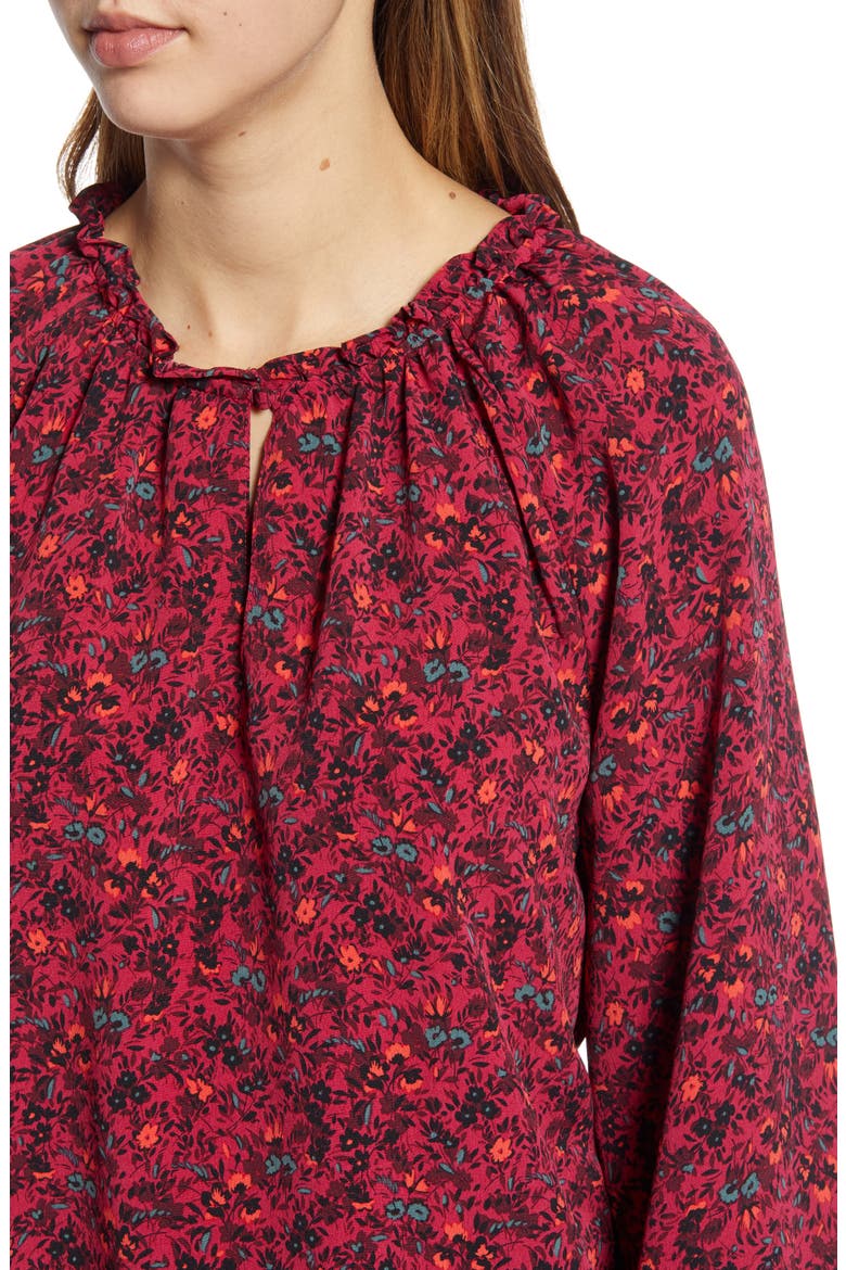 Floral Ruffle Neck Long Sleeve Crepe Blouse, Alternate, color, DEEP BERRY DITSY