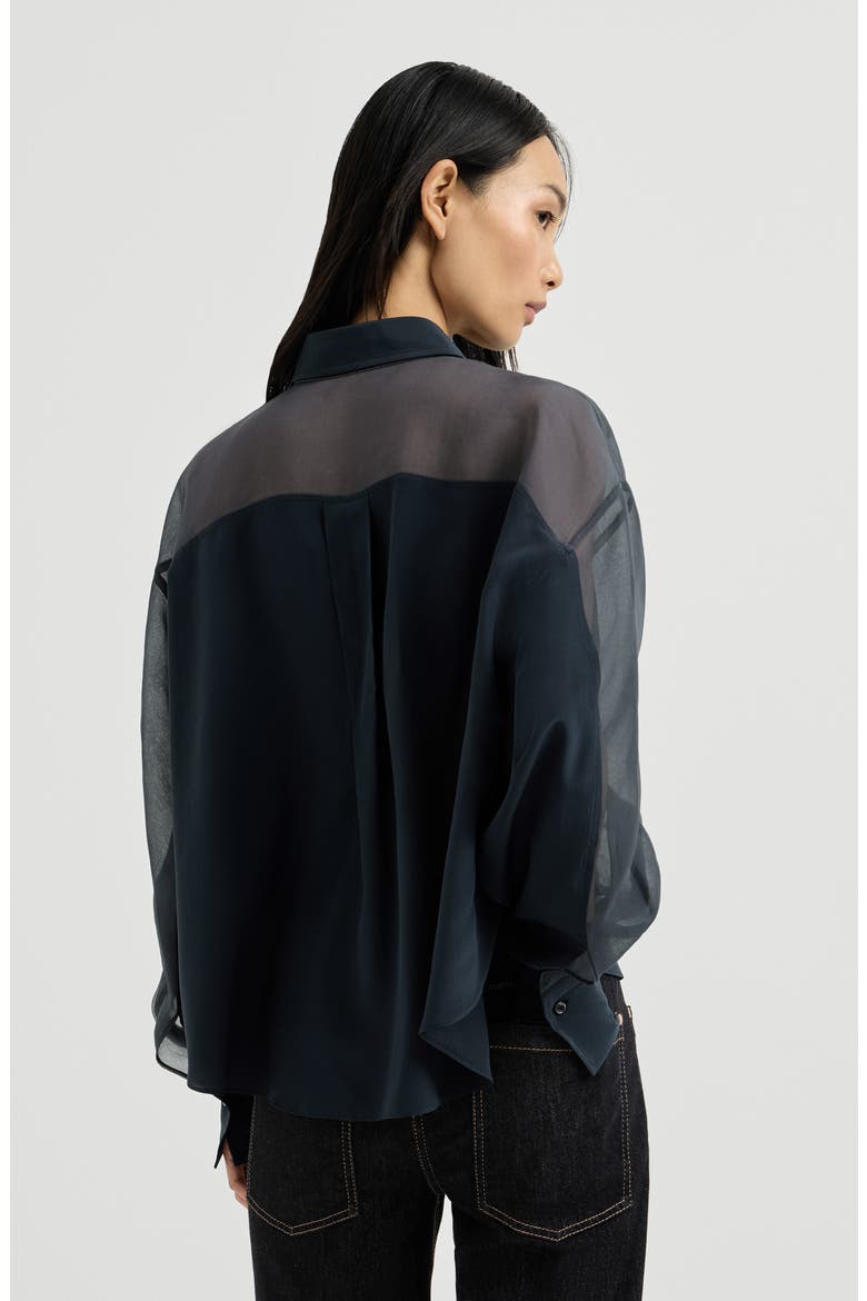 Silk crêpe de Chine paneled shirt with monili, Alternate, color, Blue