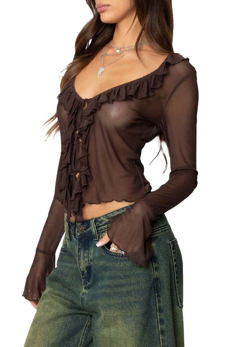 Sheer Mesh Ruffle Top, Alternate, color, BROWN