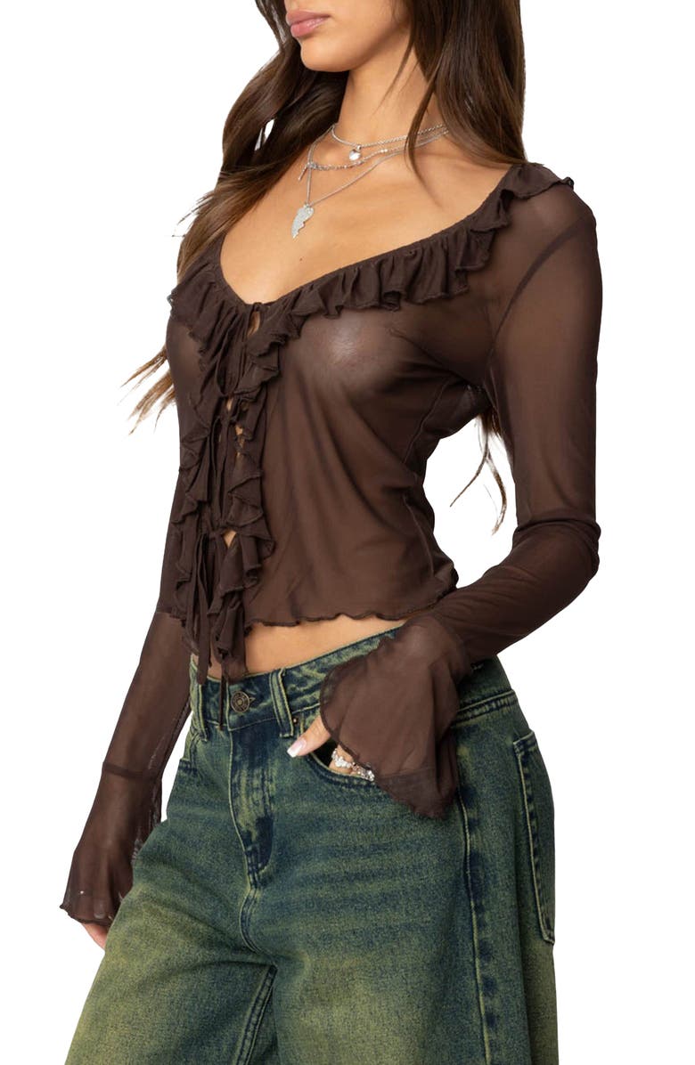 EDIKTED Sheer Mesh Ruffle Top, Alternate, color, Brown