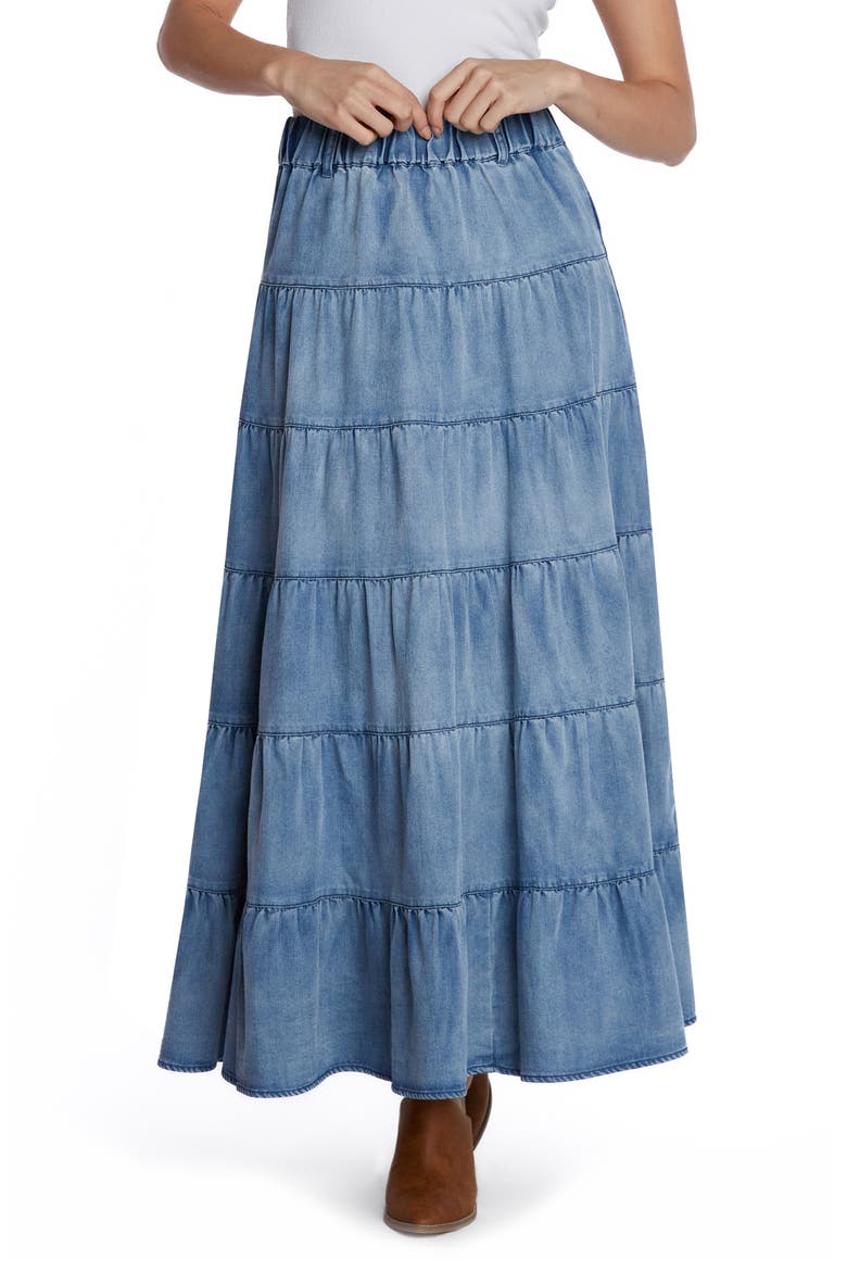 Tiered Denim Maxi Skirt, Main, color, STORM BLUE