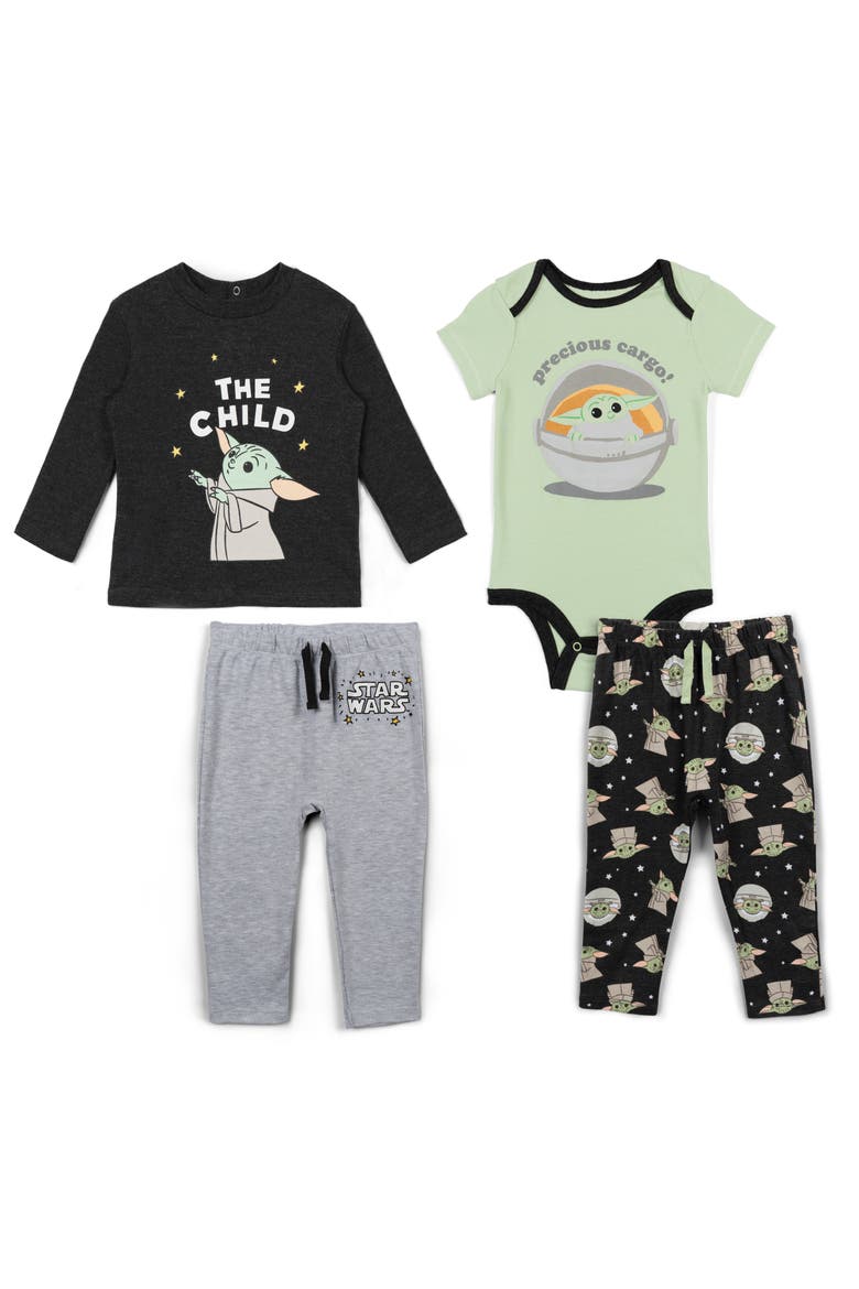 The Mandalorian Grogu 4-Piece Bodysuit Tee and Pants Set, Main, color, Grogu Green Charcoal