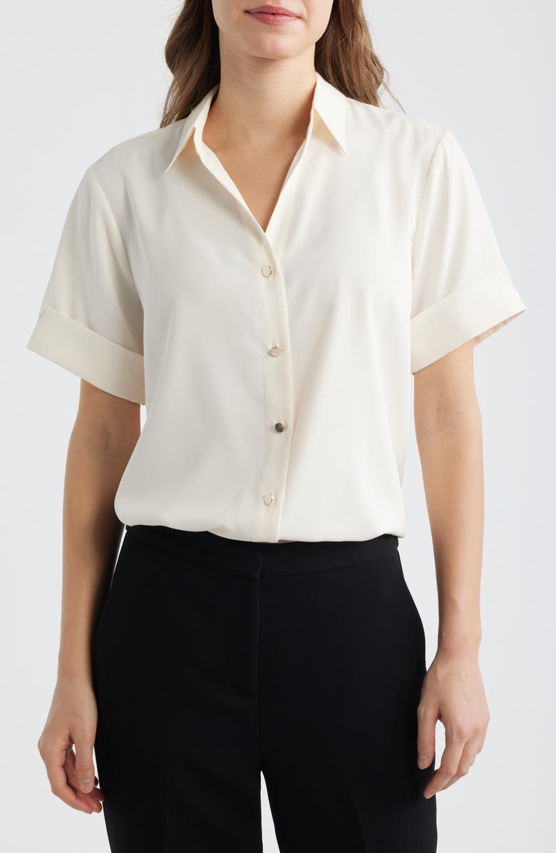 AK ANNE KLEIN Short Sleeve Button-Up Shirt, Main, color, White Dove