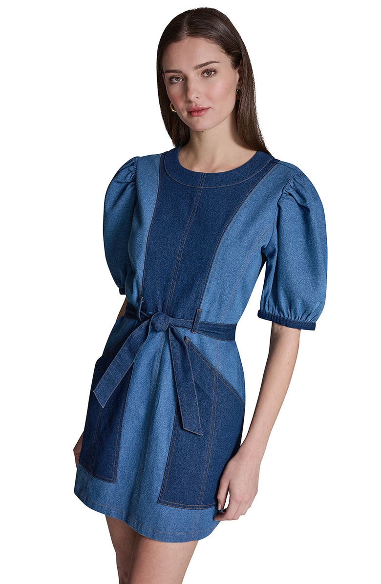 BCBG Tie Waist Puff Sleeve Denim Minidress, Alternate, color, Indigo