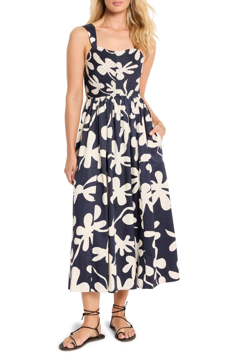 Sarah Glowing Flower Stretch Cotton Midi Sundress, Main, color, INDIGO MULTI