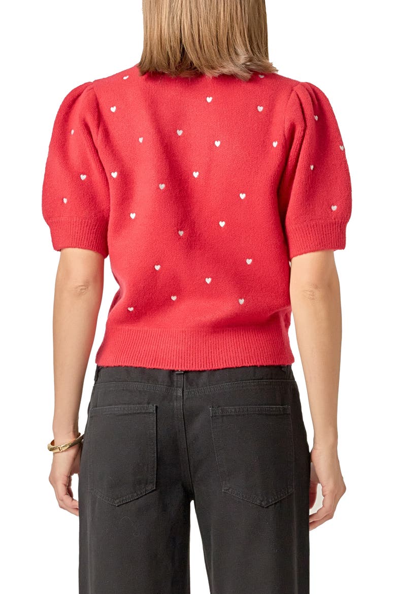 Heart Embroidered Puff Sleeve Sweater, Alternate, color, RED