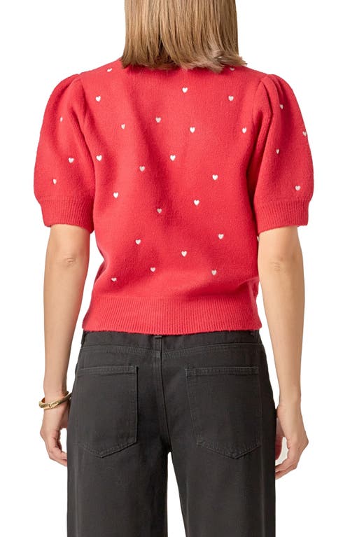 English Factory Heart Embroidered Puff Sleeve Sweater In Red