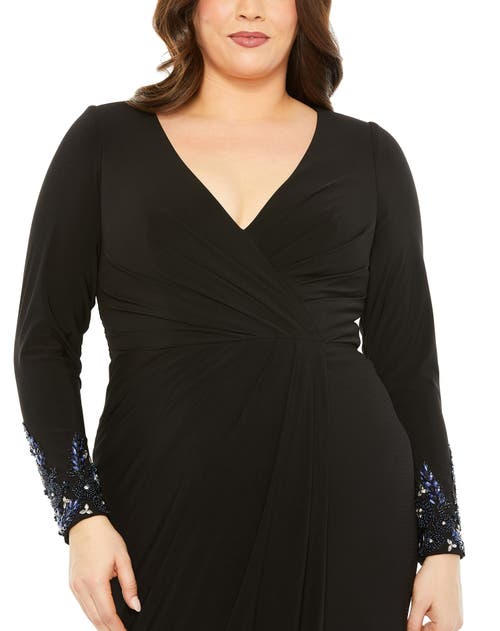 Shop Mac Duggal Long Crystal Detail Sleeve V Neck Gown In Black