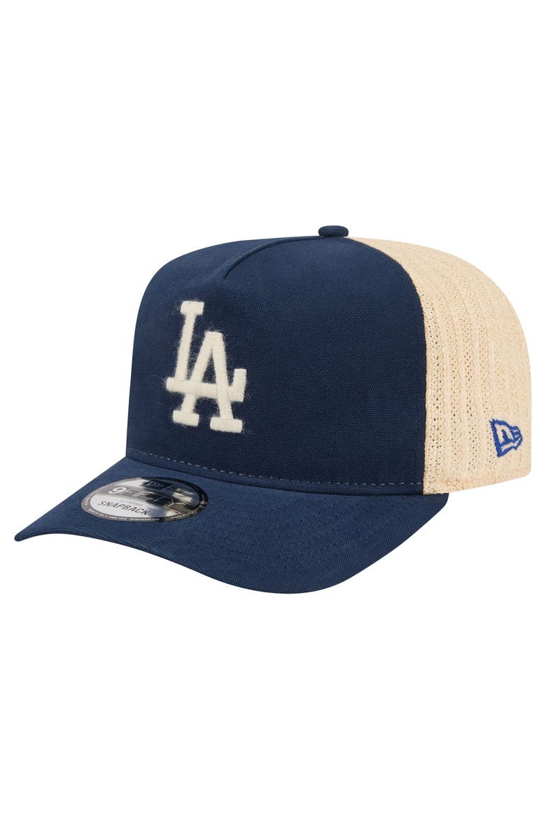 Men's New Era  Blue/Natural Los Angeles Dodgers Grained 9FIFTY A-Frame Trucker Adjustable Hat, Main, color, Blue