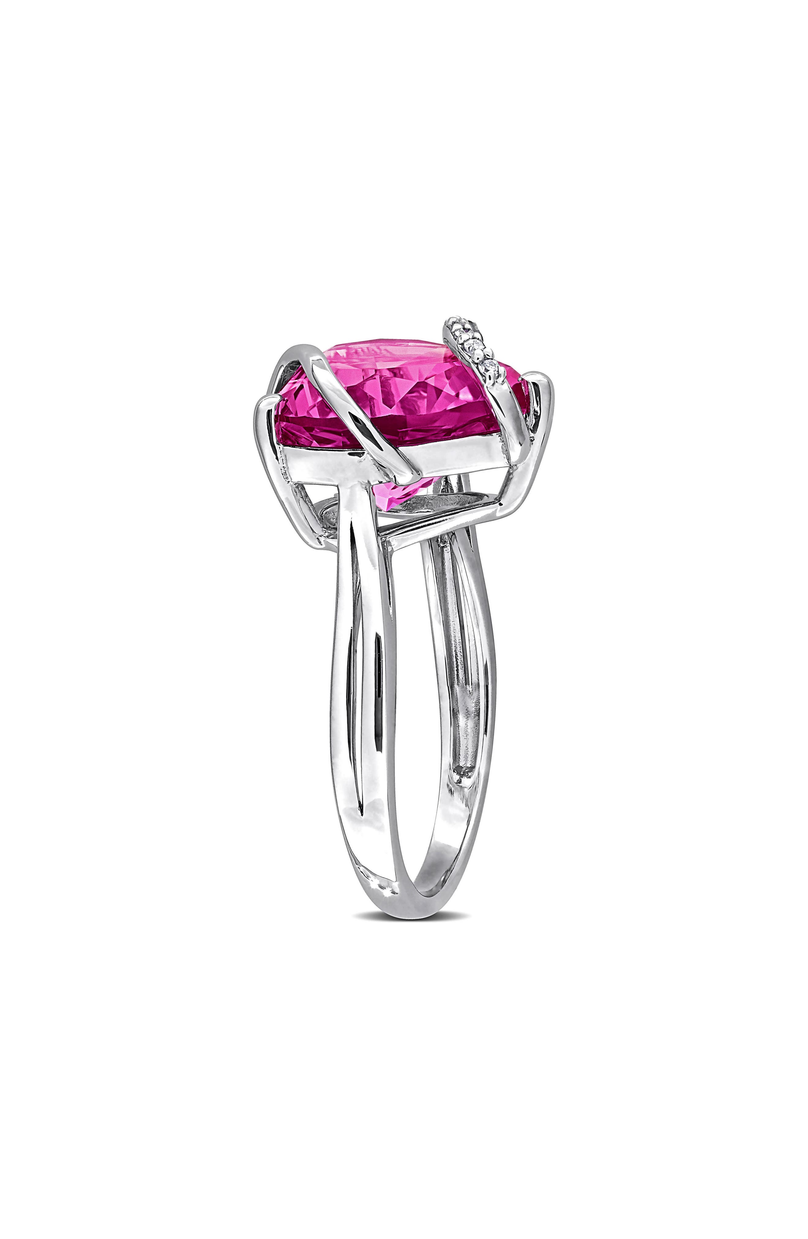 DELMAR Sterling Silver Lab Grown Pink Sapphire & Diamond Heart Ring ...