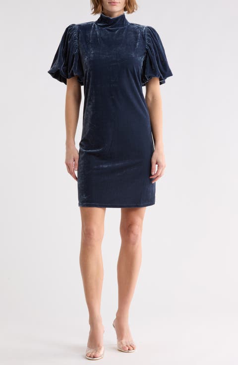 Mock Neck Puff Sleeve Velvet Dress