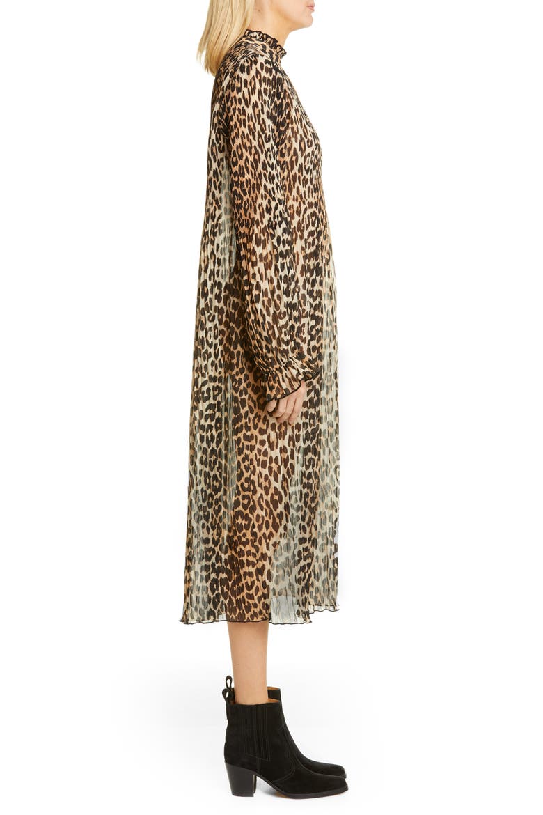 Leopard Print Sheer Georgette Long Sleeve Midi Dress, Alternate, color, LEOPARD