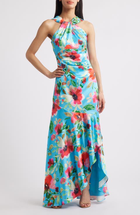 Floral Print Twist Neck Gown