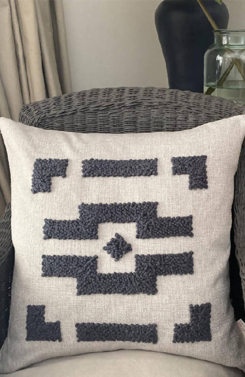 Cotton Tree Punch Needle Ndebele Pillow In Gray