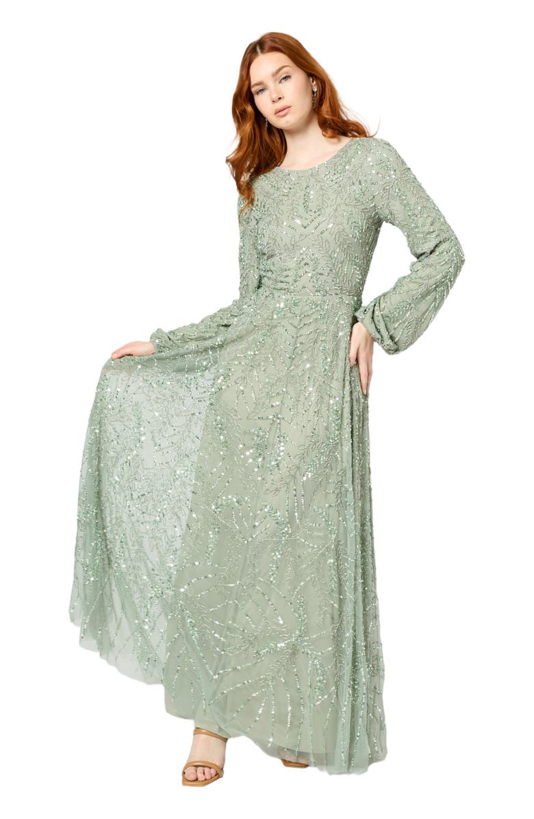 MARYISA Modest Embellished Sequin Beaded Long Maxi Dress, Alternate, color, Sage Green