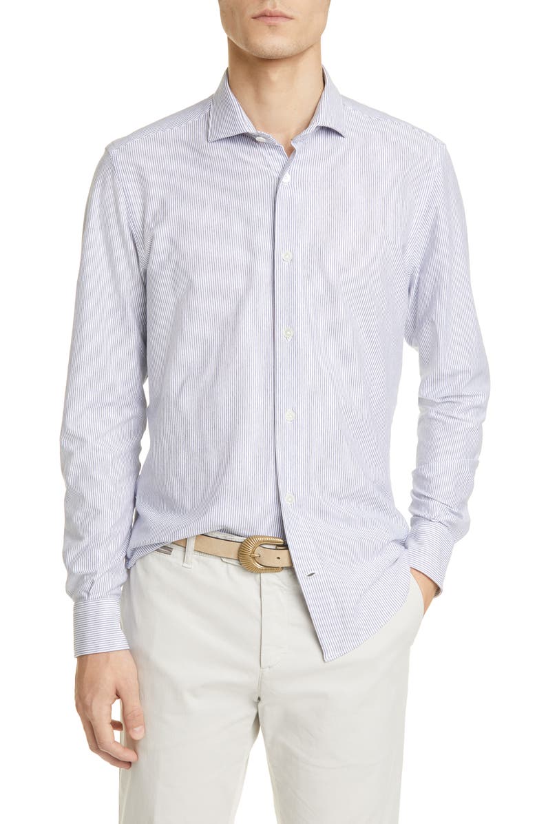 Eleventy Slim Fit Pinstripe Jersey Button-Up Shirt, Main, color,