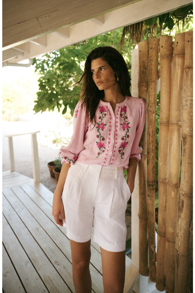 Camille Double Cloth Button-Up Shirt, Alternate, color, PINK EMBROIDERY