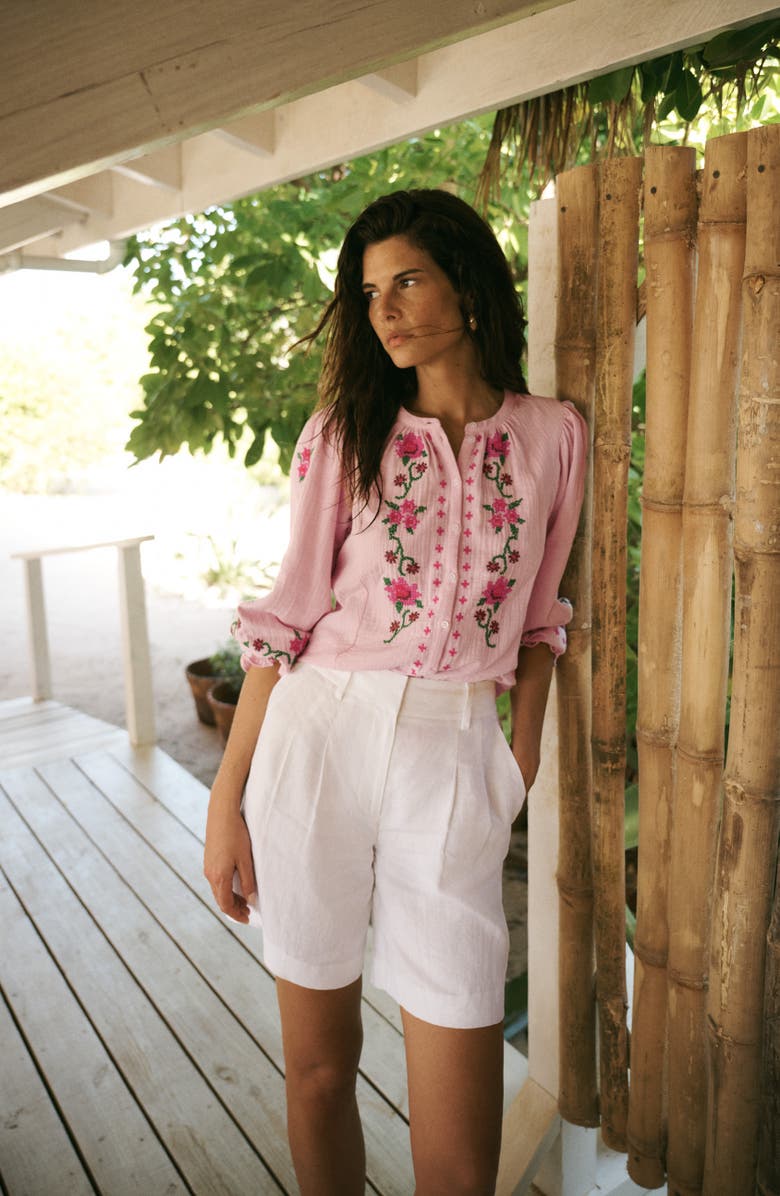Boden Camille Double Cloth Button-Up Shirt, Alternate, color, Pink Embroidery