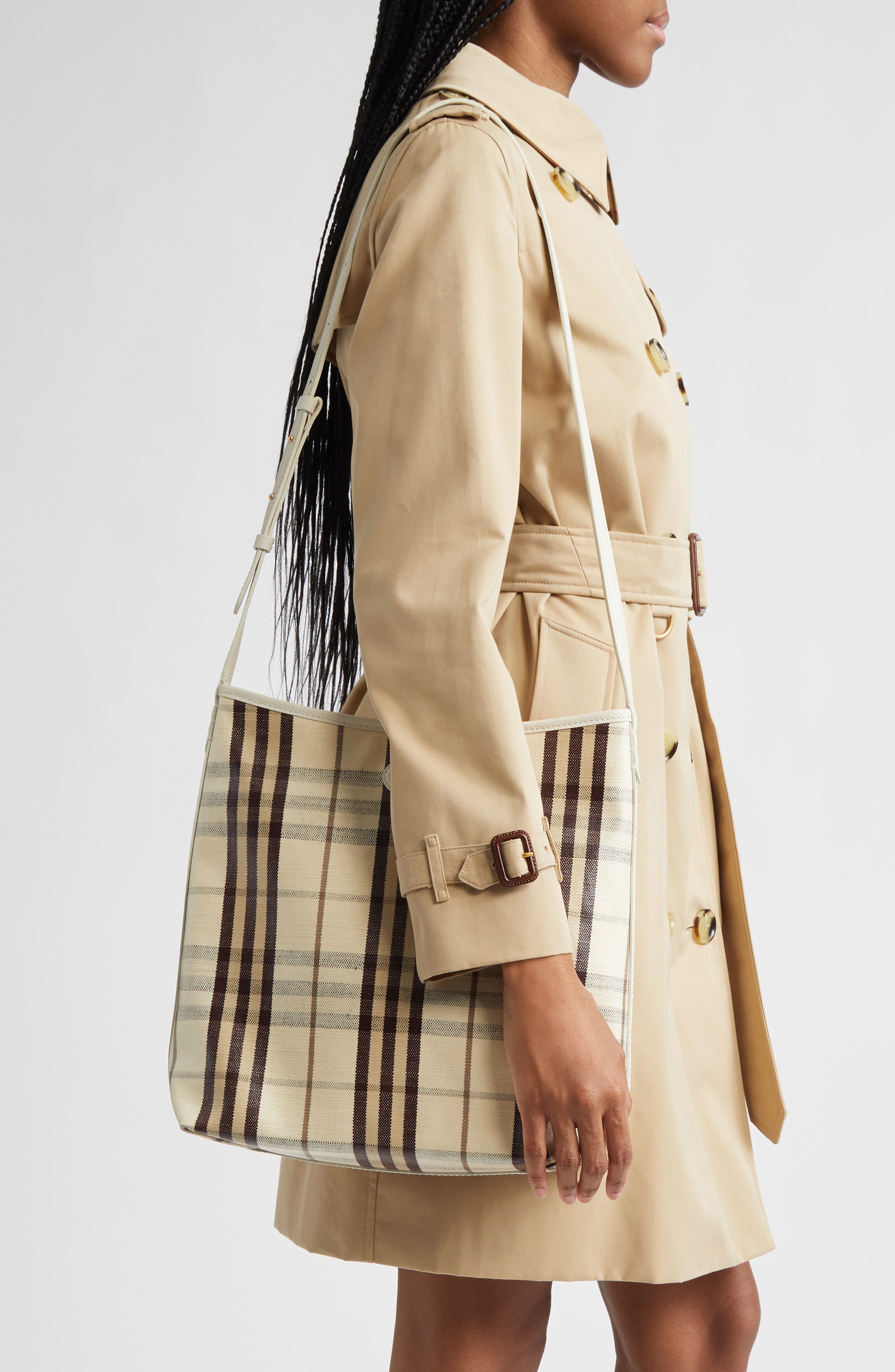 Burberry Small Highlands Check Coated Canvas Shoulder Bag, Alternate, color, Light Beige