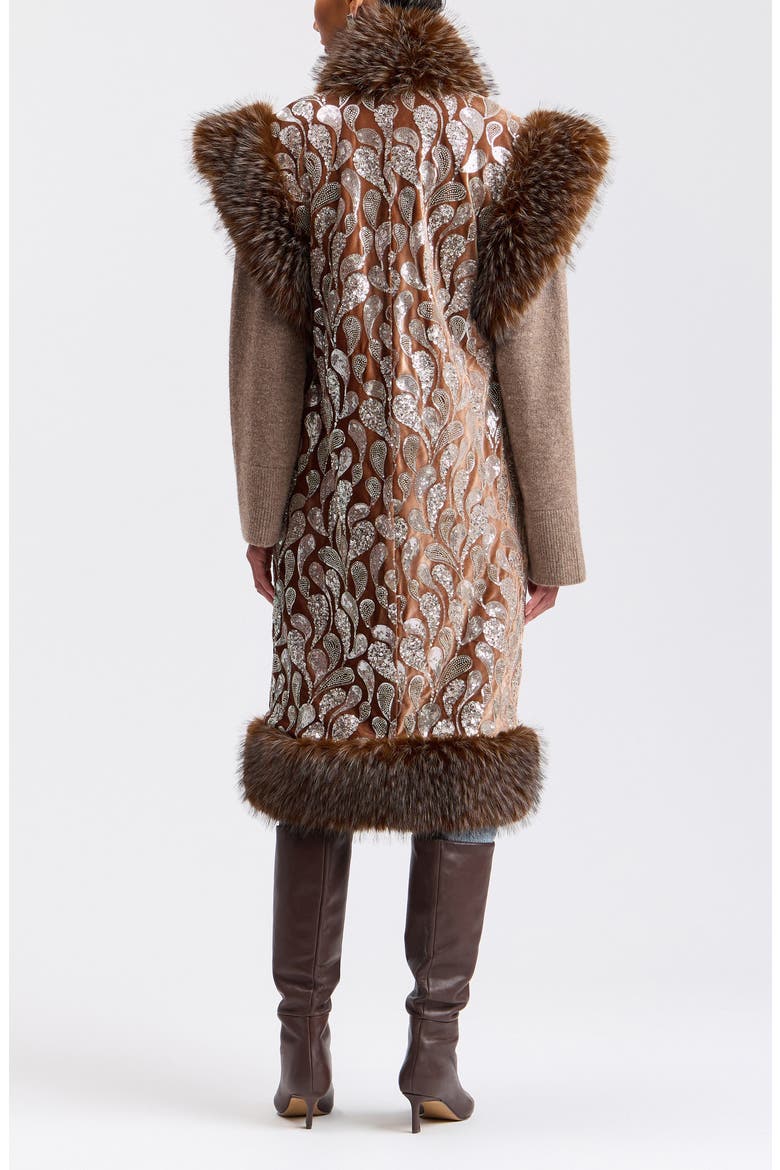 Faux Fur Trim Sequin Embellished Velvet Maxi Vest, Alternate, color, BROWN/ MAUVE