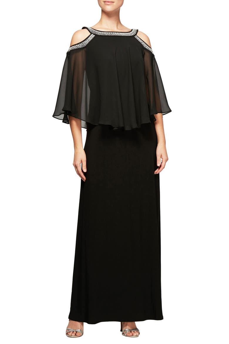 Embellished Cold Shoulder Popover Formal Gown, Main, color, BLACK