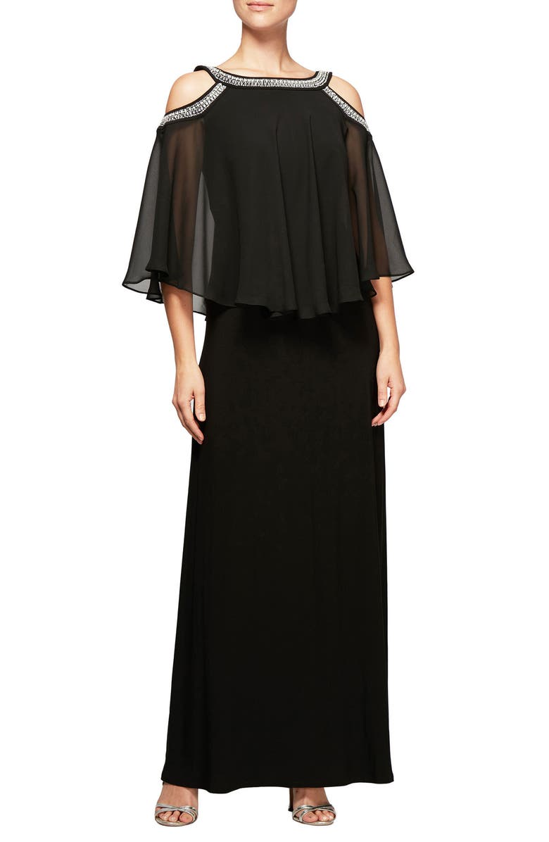 Alex Evenings Embellished Cold Shoulder Popover Formal Gown, Main, color, Black