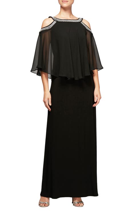 Embellished Cold Shoulder Popover Formal Gown