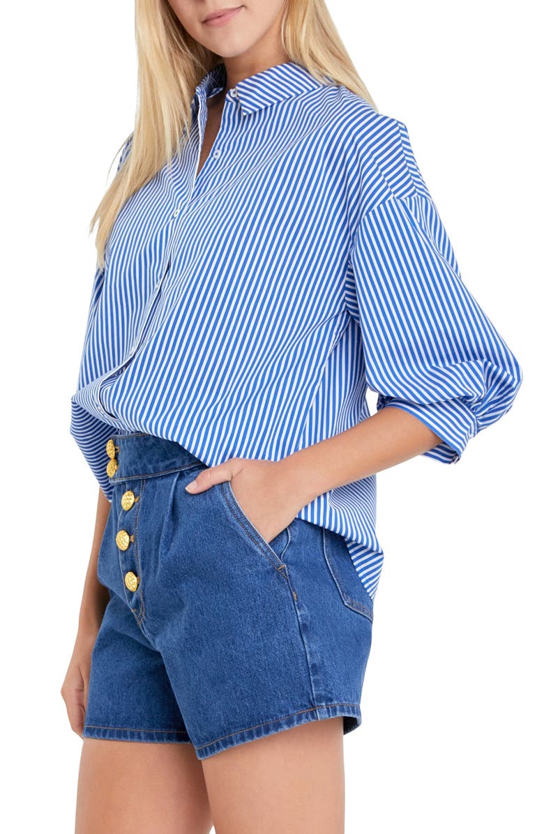 English Factory Stripe Balloon Sleeve Shirt, Alternate, color, Blue