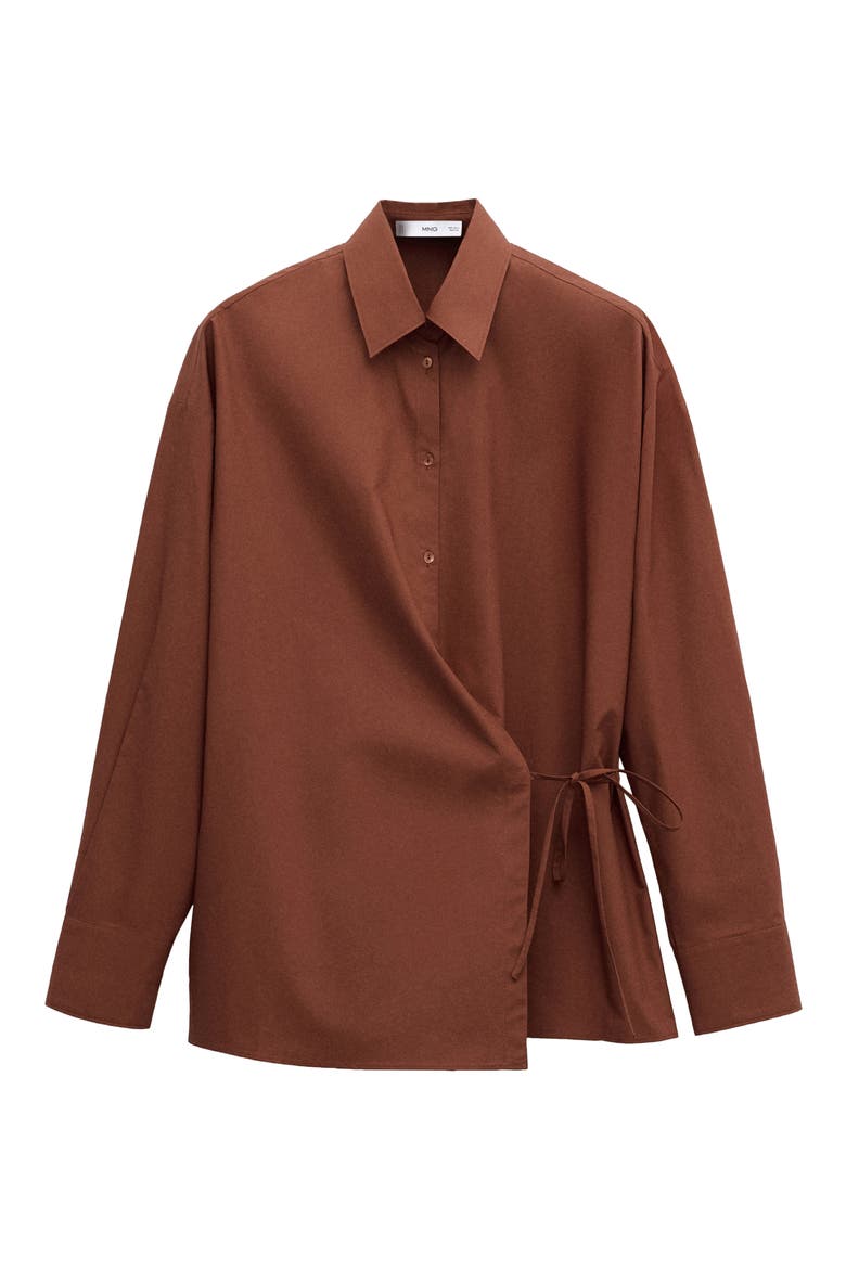 Oversize Faux Wrap Cotton Button-Up Shirt, Alternate, color, RUSSET