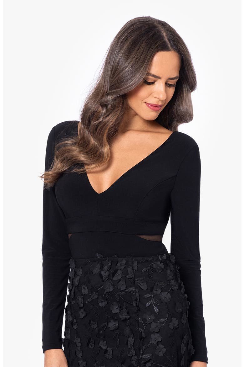 Floral Embroidered Long Sleeve Gown, Alternate, color, BLACK/ BLACK