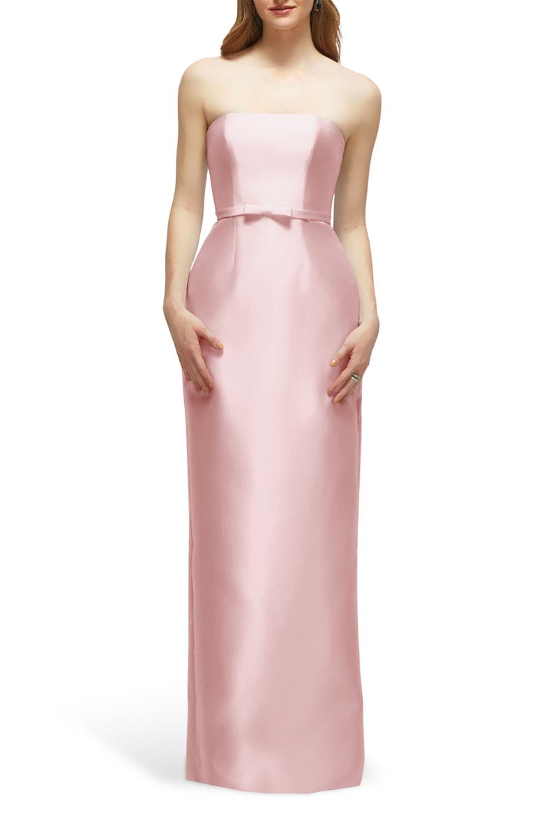 Strapless Bow Belt Satin Twill Column Gown, Main, color, BALLET PINK
