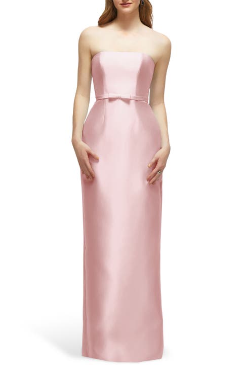 Strapless Bow Belt Satin Twill Column Gown