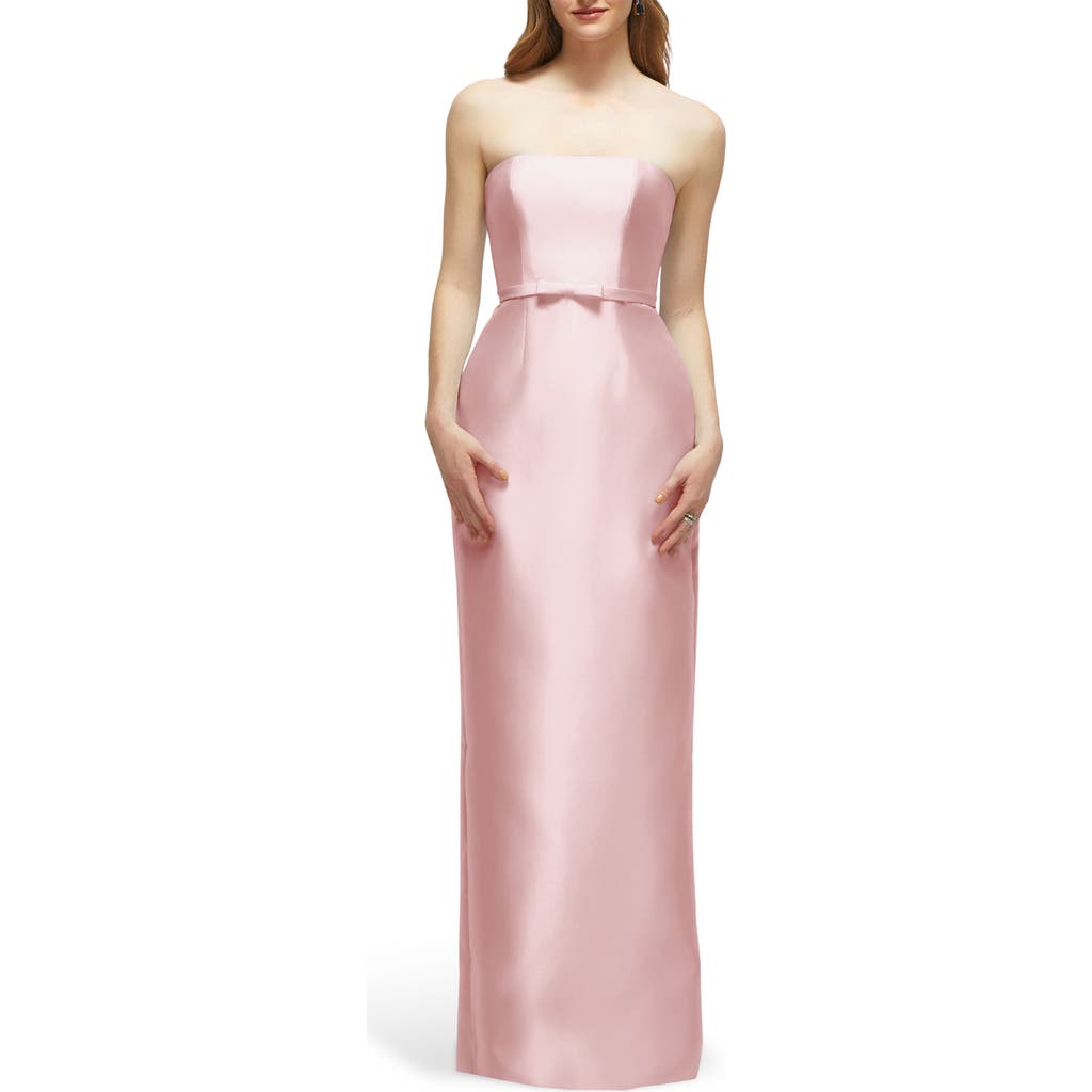 Alfred Sung Strapless Satin Column Dress With Bow-trimmed Skinny Belt