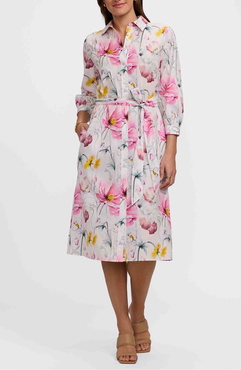 Foxcroft Esther Floral Belted Cotton Shirtdress, Main, color, Pink/ Multi