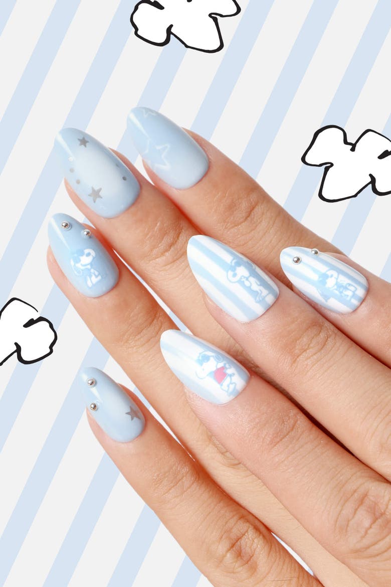 Stripes N Snoopy Short Almond Press On Nails, Alternate, color, Blue